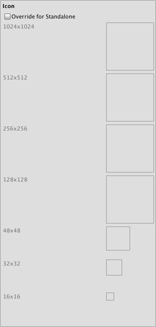 Icon settings for the Standalone Player platforms