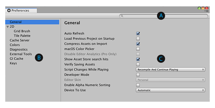 Unity Preferences ウィンドウ