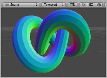 Debug Normals shader applied to a torus knot model. You can see that the model has hard shading edges.