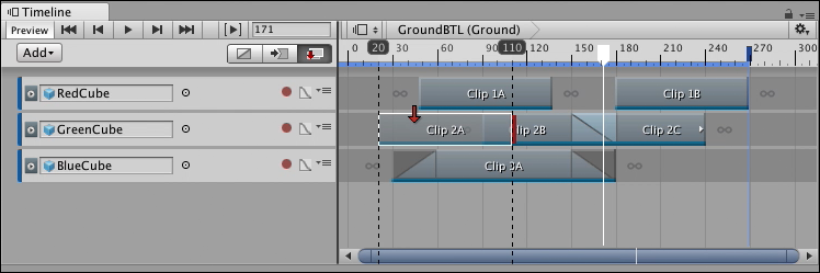 For example, the red arrow cursor indicates that dragging Clip 2A to the right overlaps Clip 2B. Releasing the clip cuts Clip 2B at the point where the overlap occurs.