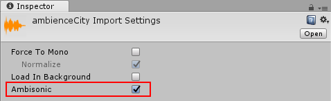 The Ambisonic checkbox in the audio clip inspector