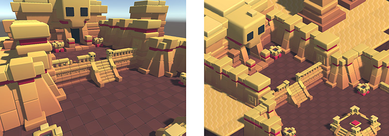 The same scene shown in perspective mode (left) and orthographic mode (right) 