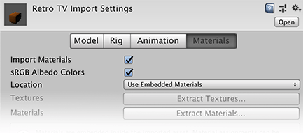 The Materials tab defines how Unity imports Materials and Textures