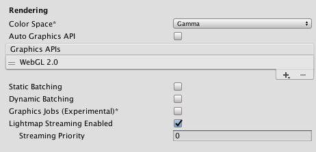 Rendering Player settings for the WebGL platform