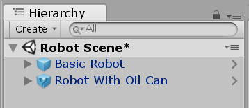 A basic Robot Prefab, and a variant of that Prefab called Robot With Oil Can, as viewed in the Hierarchy window.