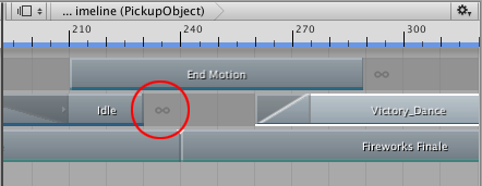 To ease-in from the Idle clip, set pre-extrapolate for the Victory_Dance clip to None. The ease-in gap uses the post-extrapolate mode from the Idle clip (circled).