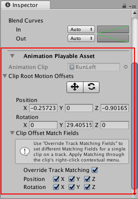 Select an Animation clip. In the Inspector window, expand Animation Playable Asset (advanced properties) and expand Clip Root Motion Offsets.