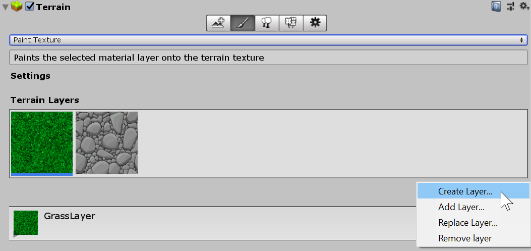 Create Layer in the Terrain Inspector