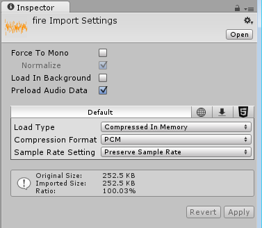 The Inspector window displaying the import settings for an Audio file