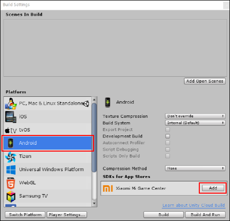 Installing the Unity Channel standalone SDK from the Build Settings window.