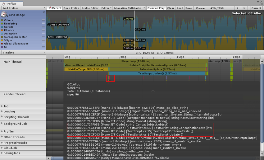 CPU Usage module in Timeline view with a GC.Alloc call stack