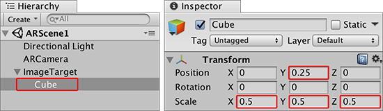 Changing scale and Y position of the cube GameObject