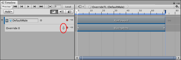 The Avatar Mask icon (red) is gray when disabled. The WavingArms clip completely overrides the RunForward clip.