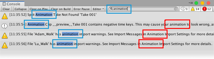 animation という用語を検索すると、各メッセージの最初の一致 (青色) が強調表示されますが、後続の一致 (赤色) は強調表示されません