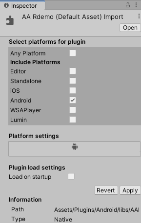 ARR plug-in import settings as displayed in the Inspector window