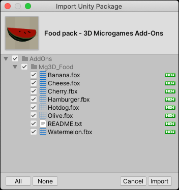 New install Import Unity Package dialog box