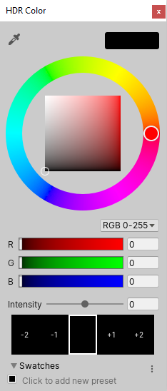 The HDR Color Picker window (displayed when clicking the emission color property in the standard shader or if you use the ColorUsageAttribute on a Color in your script)