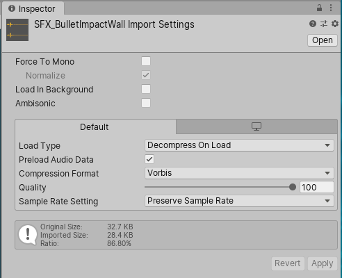 The Inspector window displaying the import settings for an Audio file