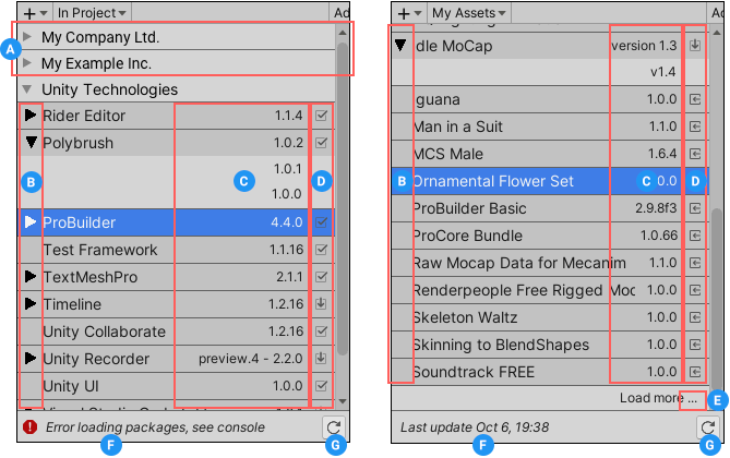 The image on the left displays all packages installed in your project, and the image on the right displays all Asset Store packages