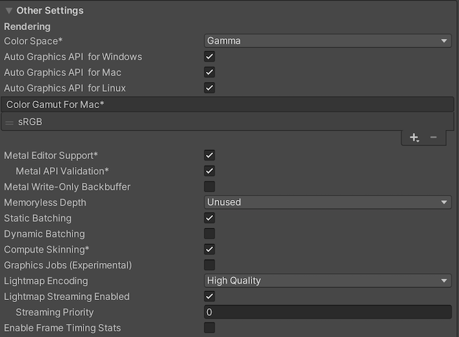 Rendering Player settings for Standalone platforms