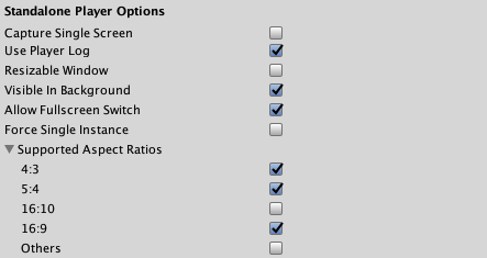 Standalone Player Options settings for the Standalone Player platforms