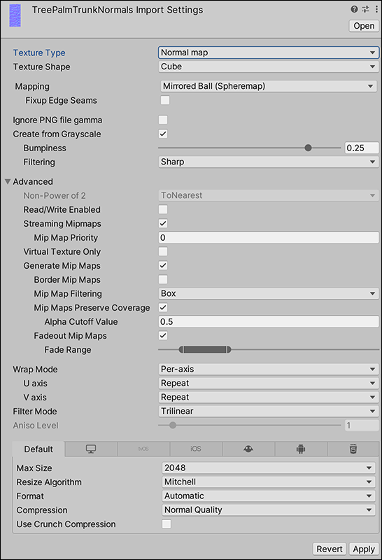 Settings for the Normal map Texture Type