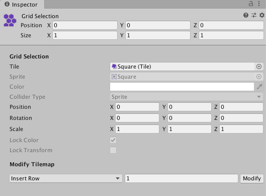 Grid Selection Inspector window properties