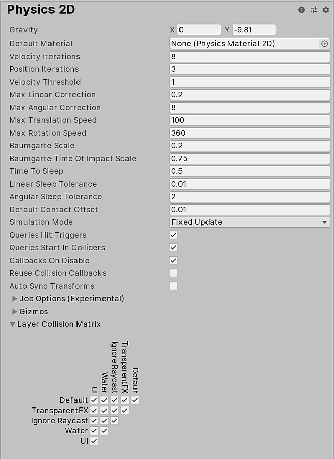 Physics 2D Inspector settings