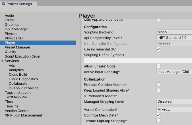 Player Settings to disable incremental garbage collection