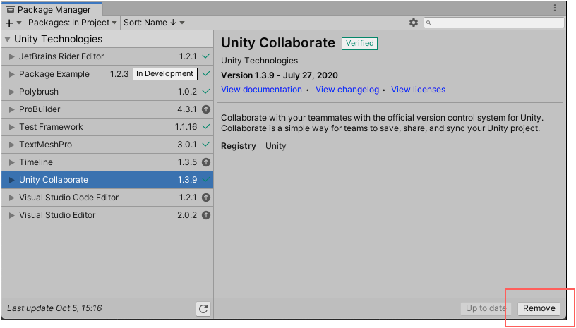 how to uninstall unity packages