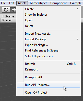 The API Updater can be run manually from the Assets menu.