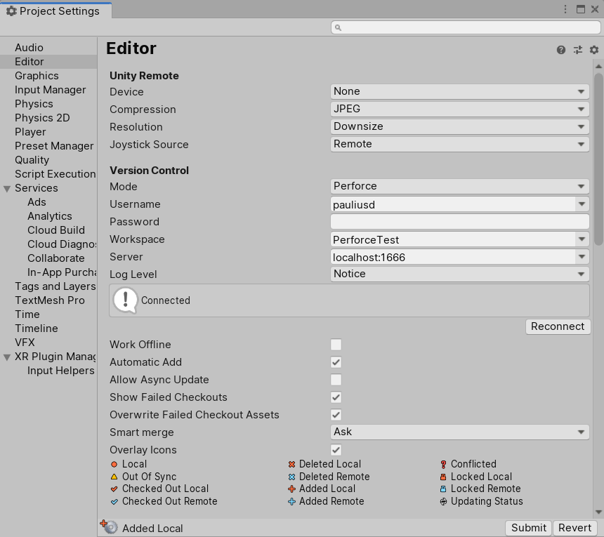 Version Control settings in the Unity Editor