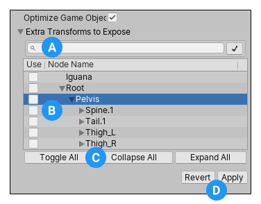 The Extra Transforms to Expose property appears when Optimize Game Objects is enabled