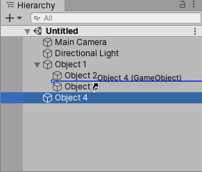 Drag Object 4 (selected) between Object 2 and Object 3 (indicated by the blue horizontal line), to create a sibling GameObject under the parent GameObject Object 1 (highlighted in a blue).