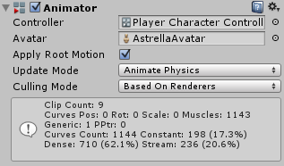 The Animator component with a controller and avatar assigned.