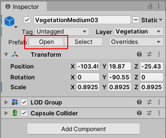 The Open button in the Inspector when a Prefab Instance is selected