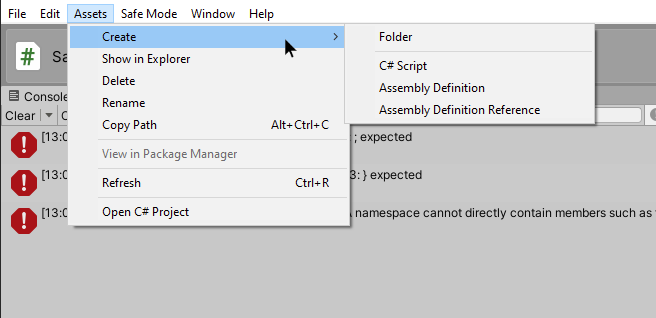 The restricted Editor Menu as it appears in Safe Mode, displaying the available options for creating assets.