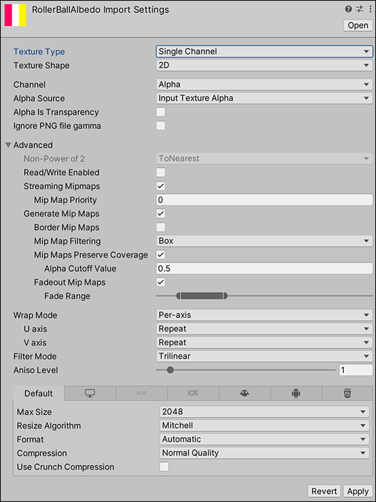 Settings for the Single Channel Texture Type