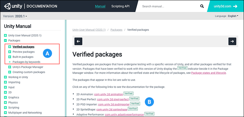 List of Unity packages available in the manual