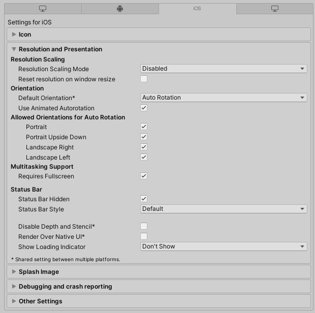 Resolution Scaling player settings for the iOS platform