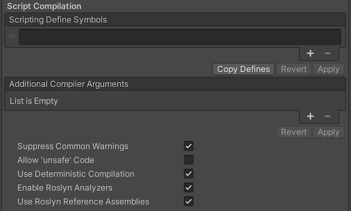 Script compilation settings for Standalone Player platforms