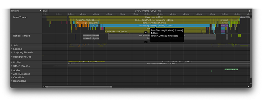 CPU Usage module in Timeline view, with a selected item