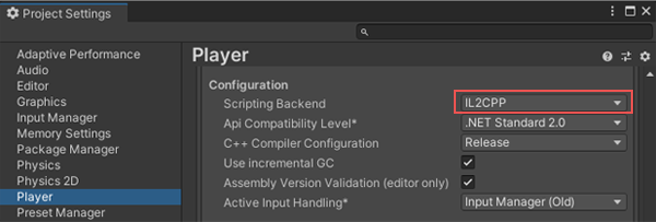 The Configuration section of the Player settings