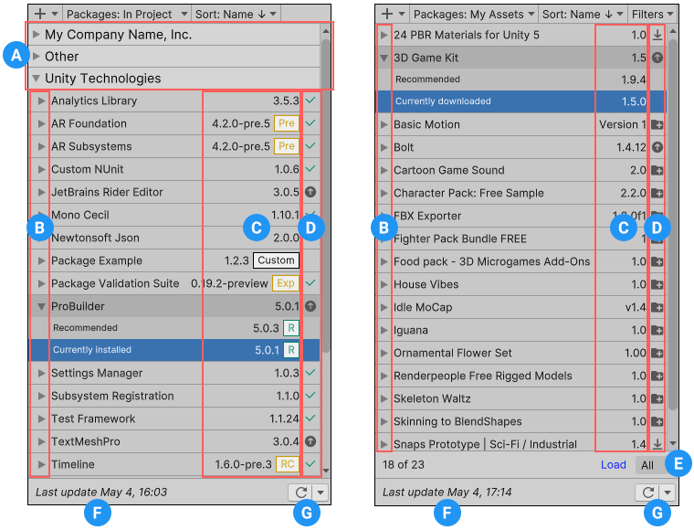 The image on the left displays all packages installed in your project, and the image on the right displays all Asset Store packages