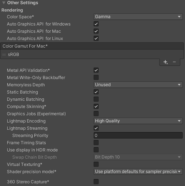 Rendering Player settings for Standalone platforms