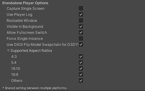 Standalone Player Options settings for the Standalone Player platforms