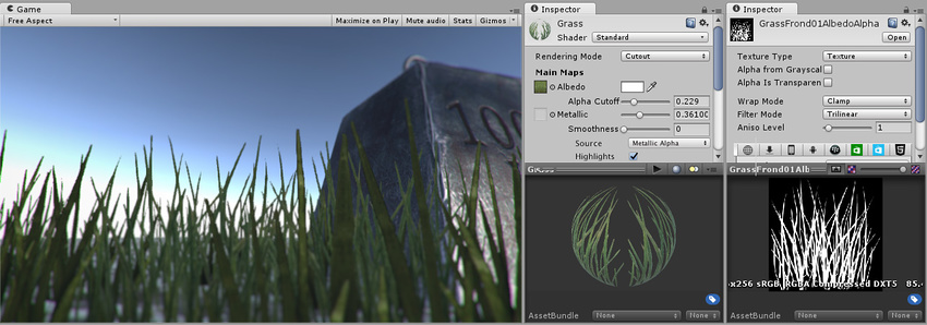 The grass in this image is rendered using the Cutout mode. This gives clear sharp edges to objects which is defined by specifying a cut-off threshold. All parts of the image with the alpha value above this threshold are 100% opaque, and all parts below the threshold are invisible. To the right in the image you can see the material settings and the alpha channel of the texture used.