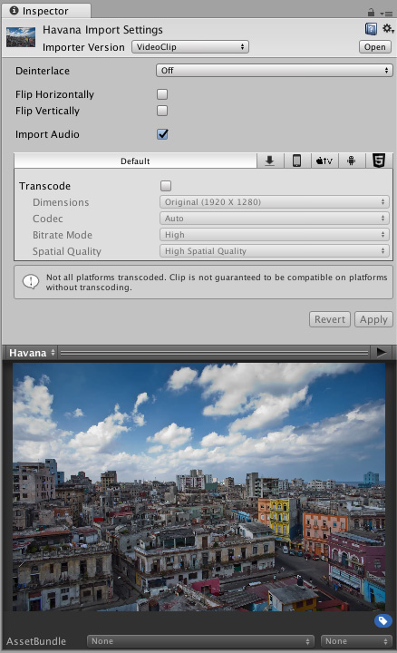 A Video Clip Asset called Havana, viewed in the the Inspector window, showing the Video Clip Importer options