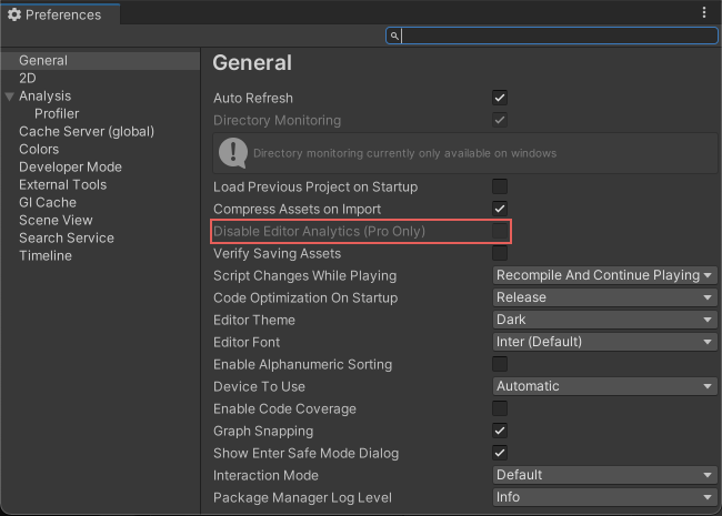 The Disable Editor Analytics (Pro Only) property in the Preferences window.