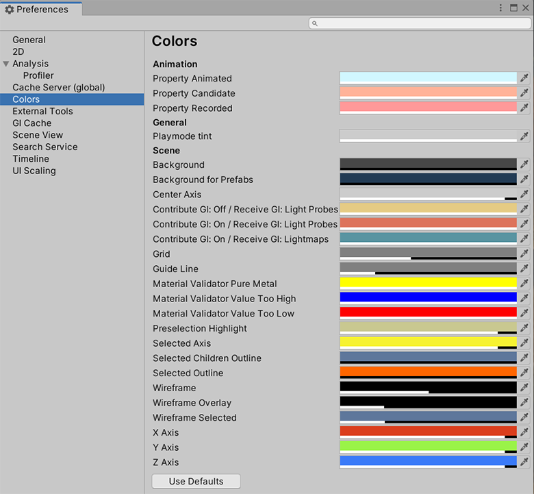 Colors scope on the Preferences window